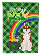 Load image into Gallery viewer, Red Siberian Husky St. Patrick's Garden Flag – "Kiss Me I’m Irish" with Pot of Gold &amp; Rainbow