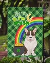 Load image into Gallery viewer, Brindle Cardigan Corgi St. Patrick's Garden Flag – "Kiss Me I’m Irish" with Pot of Gold &amp; Rainbow