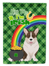 Load image into Gallery viewer, Brindle Cardigan Corgi St. Patrick's Garden Flag – "Kiss Me I’m Irish" with Pot of Gold &amp; Rainbow