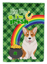 Load image into Gallery viewer, Red Cardigan Corgi St. Patrick's Garden Flag – "Kiss Me I’m Irish" with Pot of Gold &amp; Rainbow