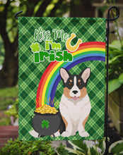 Load image into Gallery viewer, Tricolor Cardigan Corgi St. Patrick's Garden Flag – "Kiss Me I’m Irish" with Pot of Gold &amp; Rainbow