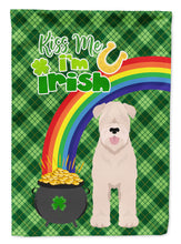Load image into Gallery viewer, Soft Coated Wheaten Terrier St. Patrick's Garden Flag – "Kiss Me I’m Irish" with Pot of Gold &amp; Rainbow