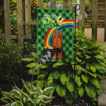 Load image into Gallery viewer, Black and Tan Full Coat Yorkshire Terrier St. Patrick's Garden Flag – "Kiss Me I’m Irish" with Pot of Gold &amp; Rainbow