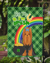 Load image into Gallery viewer, Black and Tan Full Coat Yorkshire Terrier St. Patrick's Garden Flag – "Kiss Me I’m Irish" with Pot of Gold &amp; Rainbow