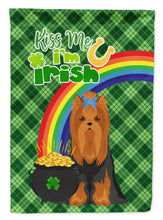 Load image into Gallery viewer, Black and Tan Full Coat Yorkshire Terrier St. Patrick's Garden Flag – "Kiss Me I’m Irish" with Pot of Gold &amp; Rainbow