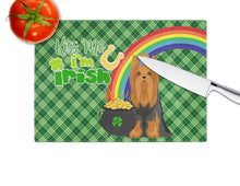 Load image into Gallery viewer, Black and Tan Full Coat Yorkshire Terrier St. Patrick's Day Glass Cutting Boards – Durable, Decorative Kitchen Art Large
