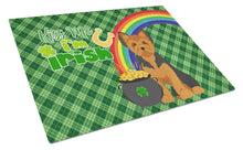 Load image into Gallery viewer, Black and Tan Puppy Cut Yorkshire Terrier St. Patrick's Day Glass Cutting Boards – Durable, Decorative Kitchen Art Large