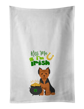 Load image into Gallery viewer, Black and Tan Puppy Cut Yorkshire Terrier St. Patrick's Day White Kitchen Towel Set of 2 Dish Towels