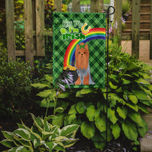 Load image into Gallery viewer, Blue and Tan Full Coat Yorkshire Terrier St. Patrick's Garden Flag – "Kiss Me I’m Irish" with Pot of Gold &amp; Rainbow