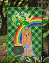 Load image into Gallery viewer, Blue and Tan Full Coat Yorkshire Terrier St. Patrick's Garden Flag – "Kiss Me I’m Irish" with Pot of Gold &amp; Rainbow
