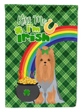 Load image into Gallery viewer, Blue and Tan Full Coat Yorkshire Terrier St. Patrick's Garden Flag – "Kiss Me I’m Irish" with Pot of Gold &amp; Rainbow
