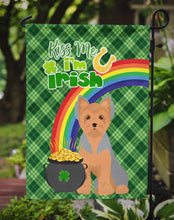 Load image into Gallery viewer, Blue and Tan Puppy Cut Yorkshire Terrier St. Patrick's Garden Flag – "Kiss Me I’m Irish" with Pot of Gold &amp; Rainbow