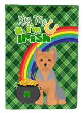 Load image into Gallery viewer, Blue and Tan Puppy Cut Yorkshire Terrier St. Patrick's Garden Flag – "Kiss Me I’m Irish" with Pot of Gold &amp; Rainbow