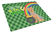 Load image into Gallery viewer, Blue and Tan Puppy Cut Yorkshire Terrier St. Patrick's Day Glass Cutting Boards – Durable, Decorative Kitchen Art Large