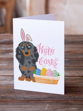 Load image into Gallery viewer, Longhair Blue and Tan Dapple Dachshund Easter Greeting Cards -  Blank Note Cards – 8-Pack of Artist-Designed Cards with Envelopes