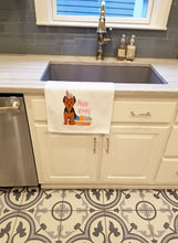 Load image into Gallery viewer, Black and Tan Puppy Cut Yorkshire Terrier Easter White Kitchen Towel Set of 2 Dish Towels