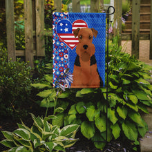 Load image into Gallery viewer, Black and Tan Airedale Terrier Patriotic Heart Garden Flag – Red, White &amp; Blue Dog Decor with Star Background