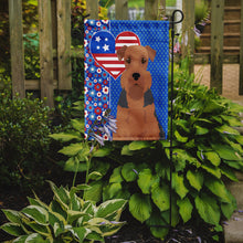 Load image into Gallery viewer, Grizzle and Tan Airedale Terrier Patriotic Heart Garden Flag – Red, White &amp; Blue Dog Decor with Star Background