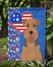 Load image into Gallery viewer, Grizzle and Tan Airedale Terrier Patriotic Heart Garden Flag – Red, White &amp; Blue Dog Decor with Star Background