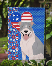 Load image into Gallery viewer, Blue and White Pit Bull Terrier Patriotic Heart Garden Flag – Red, White &amp; Blue Dog Decor with Star Background