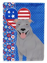 Load image into Gallery viewer, Blue Pit Bull Terrier Patriotic Heart Garden Flag – Red, White &amp; Blue Dog Decor with Star Background