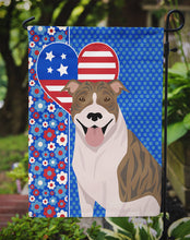 Load image into Gallery viewer, Fawn Brindle Pit Bull Terrier Patriotic Heart Garden Flag – Red, White &amp; Blue Dog Decor with Star Background