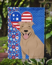 Load image into Gallery viewer, Fawn Pit Bull Terrier Patriotic Heart Garden Flag – Red, White &amp; Blue Dog Decor with Star Background