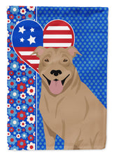 Load image into Gallery viewer, Fawn Pit Bull Terrier Patriotic Heart Garden Flag – Red, White &amp; Blue Dog Decor with Star Background