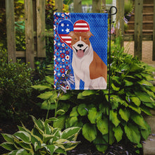 Load image into Gallery viewer, Red and White Pit Bull Terrier Patriotic Heart Garden Flag – Red, White &amp; Blue Dog Decor with Star Background