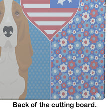 Load image into Gallery viewer, Red and White Tricolor Basset Hound USA American Glass Cutting Boards – Durable, Decorative Kitchen Art Large