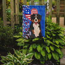 Load image into Gallery viewer, Bernese Mountain Dog Patriotic Heart Garden Flag – Red, White &amp; Blue Dog Decor with Star Background