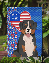 Load image into Gallery viewer, Bernese Mountain Dog Patriotic Heart Garden Flag – Red, White &amp; Blue Dog Decor with Star Background