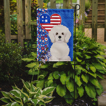 Load image into Gallery viewer, Bichon Frise Patriotic Heart Garden Flag – Red, White &amp; Blue Dog Decor with Star Background