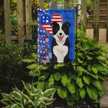 Load image into Gallery viewer, Black and White Border Collie Patriotic Heart Garden Flag – Red, White &amp; Blue Dog Decor with Star Background