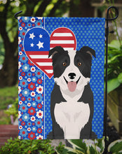 Load image into Gallery viewer, Black and White Border Collie Patriotic Heart Garden Flag – Red, White &amp; Blue Dog Decor with Star Background