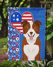Load image into Gallery viewer, Red and White Border Collie Patriotic Heart Garden Flag – Red, White &amp; Blue Dog Decor with Star Background