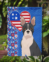 Load image into Gallery viewer, Black Boston Terrier Patriotic Heart Garden Flag – Red, White &amp; Blue Dog Decor with Star Background
