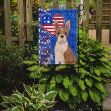 Load image into Gallery viewer, Fawn Boston Terrier Patriotic Heart Garden Flag – Red, White &amp; Blue Dog Decor with Star Background