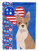 Load image into Gallery viewer, Fawn Boston Terrier Patriotic Heart Garden Flag – Red, White &amp; Blue Dog Decor with Star Background