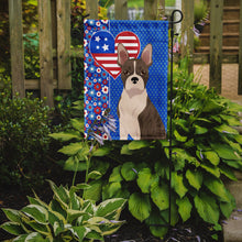 Load image into Gallery viewer, Brindle Boston Terrier Patriotic Heart Garden Flag – Red, White &amp; Blue Dog Decor with Star Background