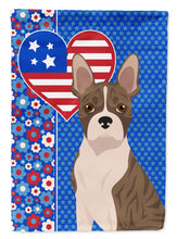 Load image into Gallery viewer, Brindle Boston Terrier Patriotic Heart Garden Flag – Red, White &amp; Blue Dog Decor with Star Background