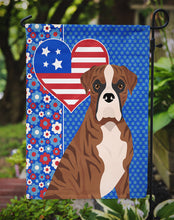 Load image into Gallery viewer, Natural Eared Red Brindle Boxer Patriotic Heart Garden Flag – Red, White &amp; Blue Dog Decor with Star Background