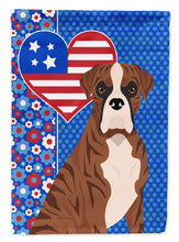 Load image into Gallery viewer, Natural Eared Red Brindle Boxer Patriotic Heart Garden Flag – Red, White &amp; Blue Dog Decor with Star Background
