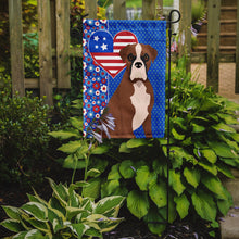 Load image into Gallery viewer, Natural Eared Red Fawn Boxer Patriotic Heart Garden Flag – Red, White &amp; Blue Dog Decor with Star Background