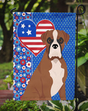 Load image into Gallery viewer, Natural Eared Red Fawn Boxer Patriotic Heart Garden Flag – Red, White &amp; Blue Dog Decor with Star Background