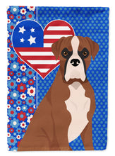 Load image into Gallery viewer, Natural Eared Red Fawn Boxer Patriotic Heart Garden Flag – Red, White &amp; Blue Dog Decor with Star Background