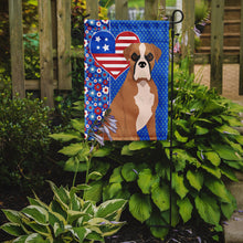 Load image into Gallery viewer, Natural Eared Fawn Boxer Patriotic Heart Garden Flag – Red, White &amp; Blue Dog Decor with Star Background
