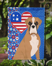 Load image into Gallery viewer, Natural Eared Fawn Boxer Patriotic Heart Garden Flag – Red, White &amp; Blue Dog Decor with Star Background