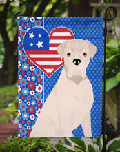 Load image into Gallery viewer, Natural Eared White Boxer Patriotic Heart Garden Flag – Red, White &amp; Blue Dog Decor with Star Background