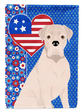 Load image into Gallery viewer, Natural Eared White Boxer Patriotic Heart Garden Flag – Red, White &amp; Blue Dog Decor with Star Background